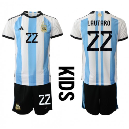 Dres Argentina Lautaro Martinez #22 Domaci za djecu SP 2022 Kratak Rukav (+ kratke hlače)